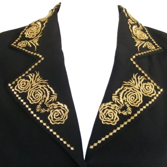 DIANE von FURSTENBERG Silk Blouse, XS, Black, Gold Embroidery, button front - Picture 2 of 10